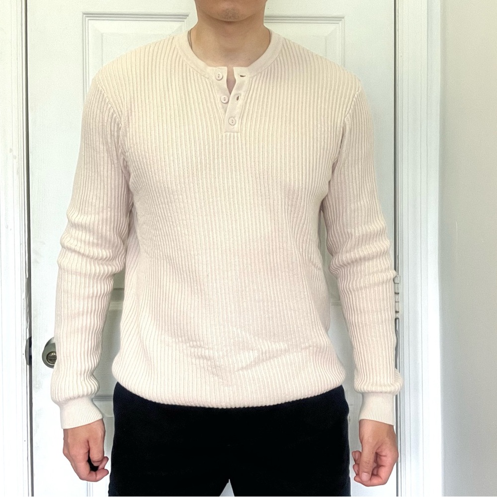 NEW mens beige textured cotton Henley crewneck sweater sz US M